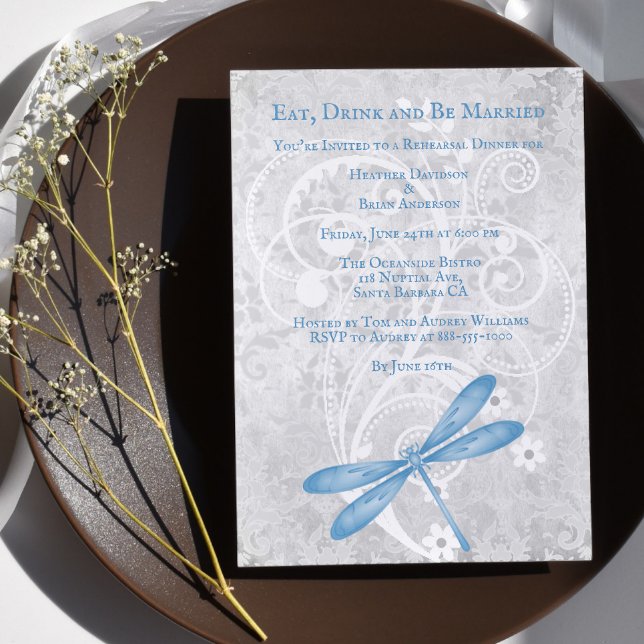 Convite Janto de Ensaio de Casamento de Dragonfly Azul Con (Blue Dragonfly Wedding Rehearsal Dinner Invitation)