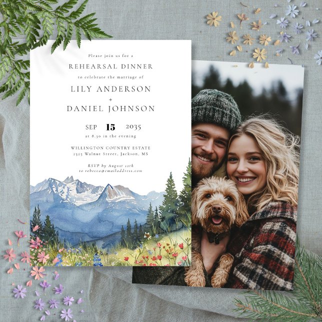 Convite Janto de Ensaio de Casamento de Foto de Flor Selva (Mountain Wildflower Photo Wedding Rehearsal Dinner Invitation)