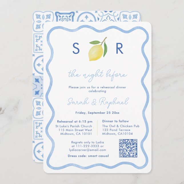 Convite Janto de Ensaio de Casamento de Limão em Monograma (Frente/Verso)