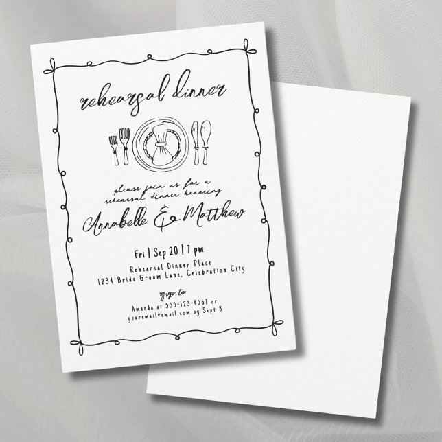 Convite Janto de Ensaio de Casamento de Manchas Quirky Dra (Hand Drawn Quirky Wedding Rehearsal Dinner Invitation)