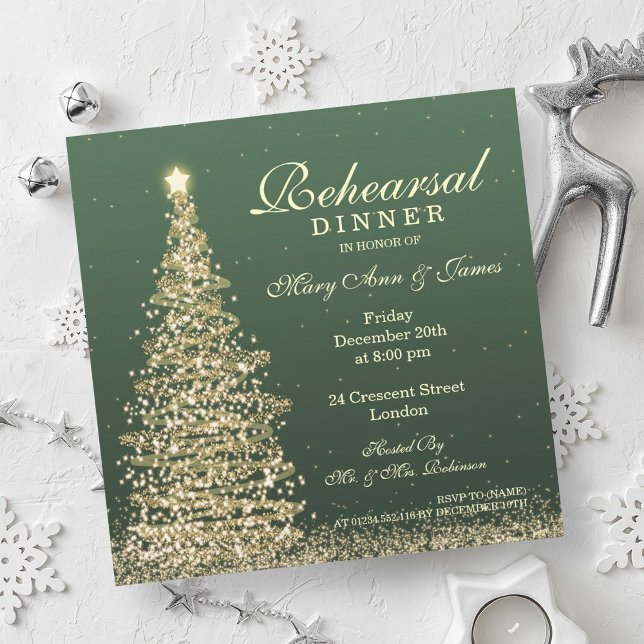 Convite Janto de Ensaio de Casamento de Natal Dourado Verd (Christmas Wedding Rehearsal Dinner Green Gold Invitation)