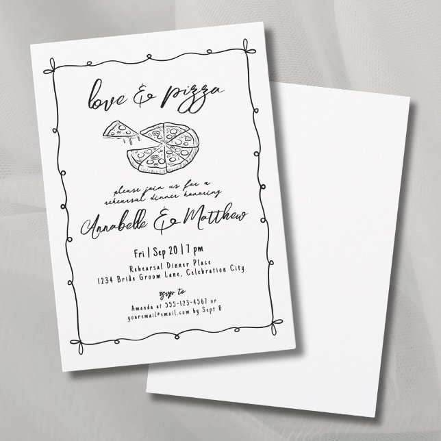 Convite Janto de Ensaio de Casamento de Pizza de Pizza Des (Hand Drawn Love Pizza Wedding Rehearsal Dinner Invitation)