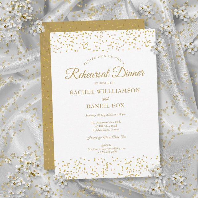 Convite Janto de Ensaio de Casamento de Poeira Dourada Con (Gold Dust Confetti Wedding Rehearsal Dinner Invitation)