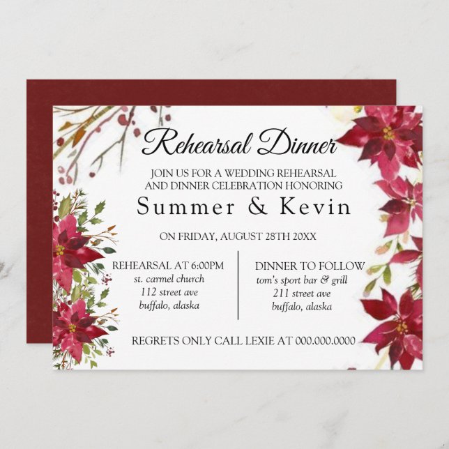 Convite Janto de Ensaio de Casamento de Poinsettia Vermelh (Frente/Verso)