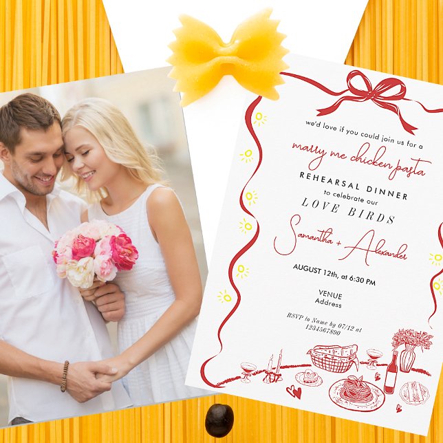 Convite Janto De Ensaio De Casamento Do Chicken-Me casado (Marry Me Chicken Pasta Red Couple Engagement Italian Wedding Rehearsal Dinner Brunch Invitation )