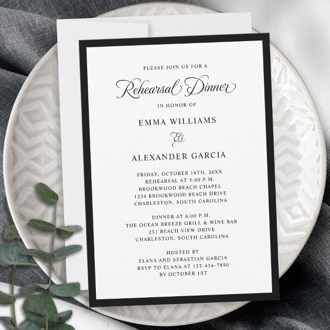 Convite Janto de ensaio de casamento elegante Preto formal (Elegant Wedding Rehearsal Dinner Formal Black Invitation)