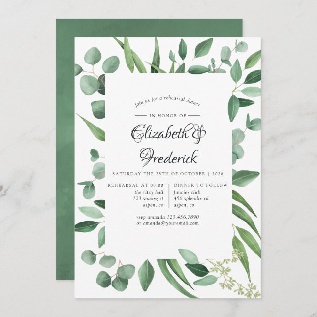 Convite Janto de ensaio de Casamento Eucalyptus Greenery (Frente/Verso)