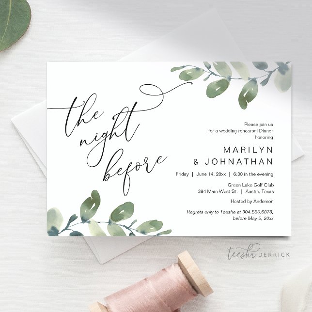 Convite Janto de ensaio de casamento, Eucalyptus Greenery (Wedding Rehearsal Dinner, Eucalyptus Greenery Invitation Card, The Night before, Modern Minimal)