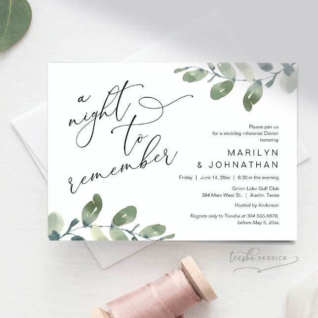 Convite Janto de ensaio de casamento, Eucalyptus Greenery (A Night To Remember, Wedding Rehearsal Dinner, Eucalyptus Greenery Invitation Card, Downloadable)
