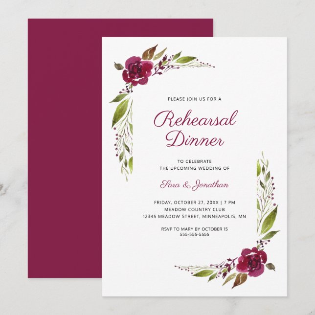Convite Janto de Ensaio de Casamento Floral de Burgundy (Frente/Verso)