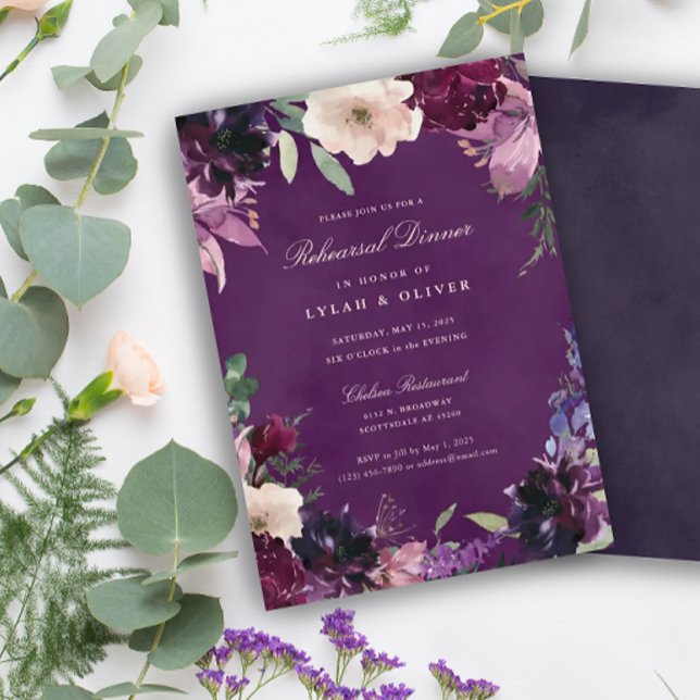 Convite Janto de Ensaio de Casamento Floral de EggPlant Pu (Criador carregado)