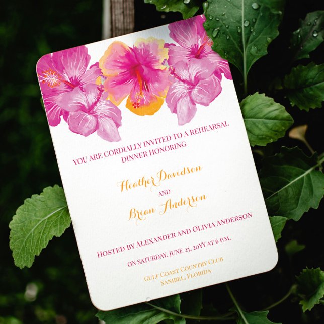 Convite Janto de Ensaio de Casamento Floral de Hibiscus Br (Brushed Hibiscus Floral Wedding Rehearsal Dinner Invitation)
