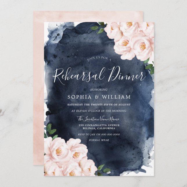 Convite Janto de Ensaio de Casamento Floral de marinho e B (Frente/Verso)