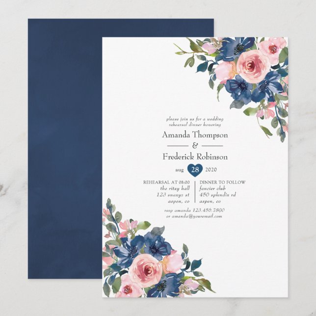 Convite Janto de Ensaio de Casamento Floral de marinho e E (Frente/Verso)