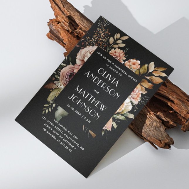 Convite Janto de ensaio de casamento floral preto no outon (Criador carregado)