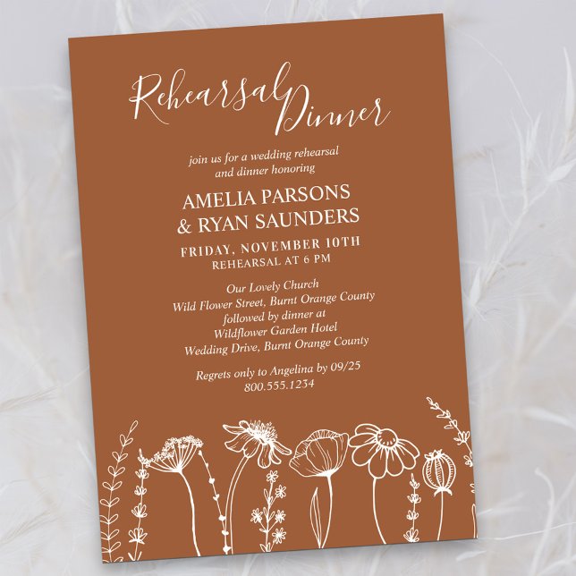 Convite Janto de Ensaio de Casamento Laranja de Desenhos S (Rehearsal Dinner Invitation in Terracotta Burnt Orange, from my Wildflower Sketch collection)