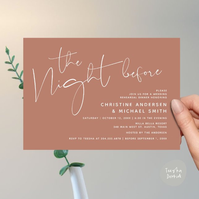 Convite Janto de ensaio de casamento moderno, na noite ant (Modern Wedding Rehearsal Dinner, The Night Before Invitation Card Minimalist Beautiful Earthy Brown)