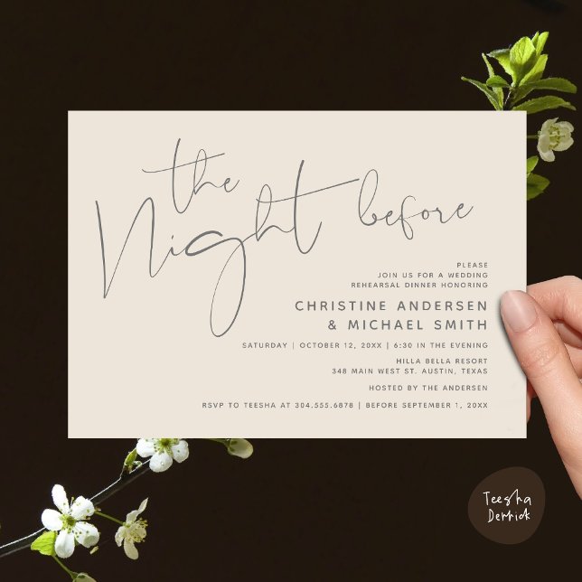 Convite Janto de ensaio de casamento moderno, na noite ant (Modern Wedding Rehearsal Dinner, The Night Before Invitation Card Minimalist Beautiful Grey Cream)