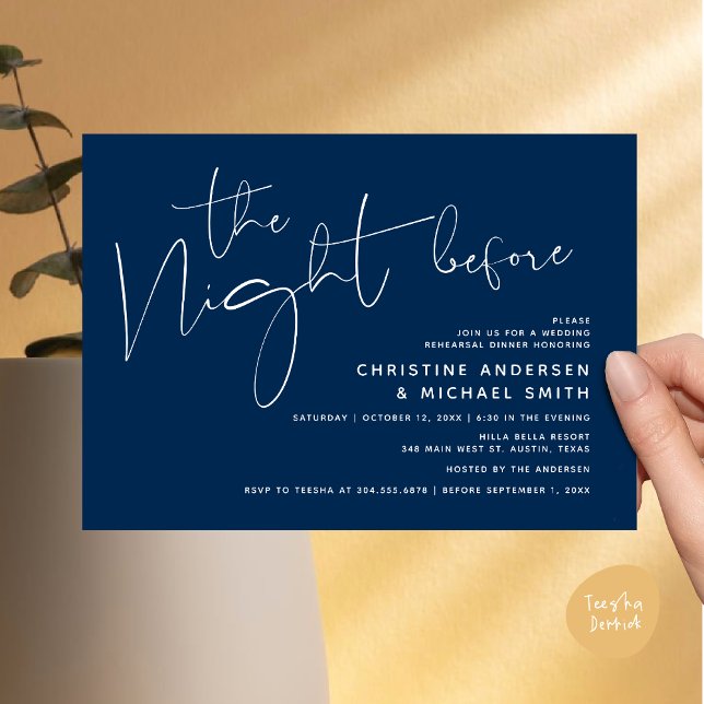 Convite Janto de ensaio de casamento moderno, na noite ant (Modern Wedding Rehearsal Dinner, The Night Before Invitation Card Minimalist Beautiful Navy Blue)