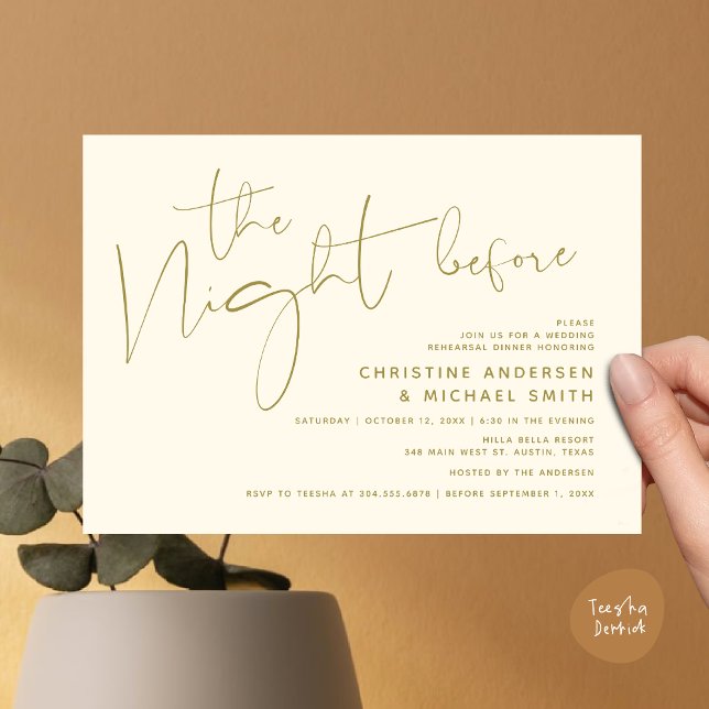 Convite Janto de ensaio de casamento moderno, na noite ant (Modern Wedding Rehearsal Dinner, The Night Before Invitation Card Minimalist Beautiful Yellow Gold)