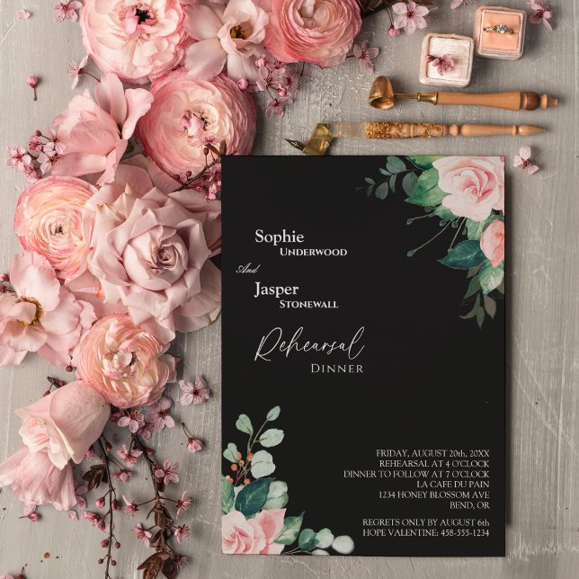 Convite Janto de Ensaio de Casamento Negro Blush Floral (Criador carregado)