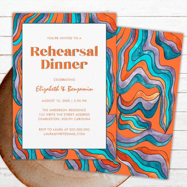 Convite Janto de Ensaio de Casamento Onda Laranja-Retro Gr (Front and Back)