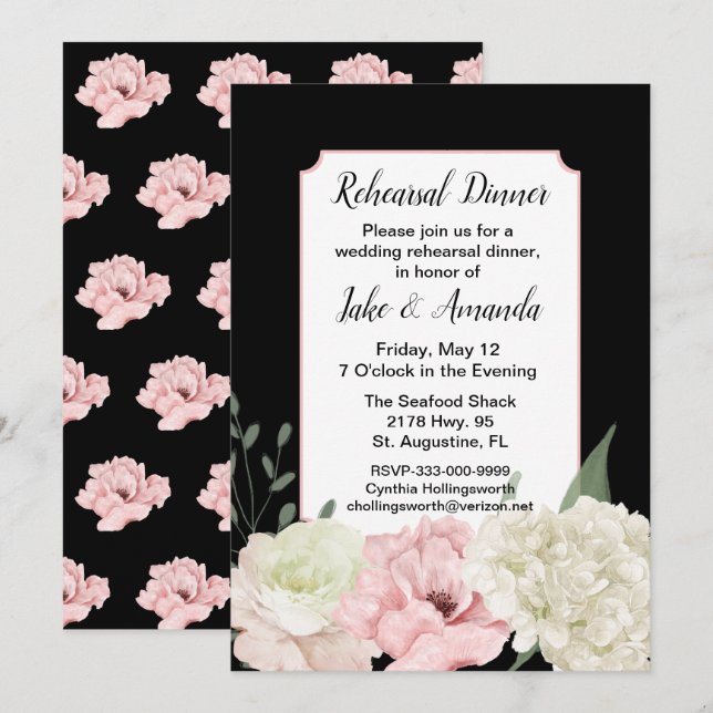 Convite Janto de ensaio de casamento preto-e-rosa (Frente/Verso)