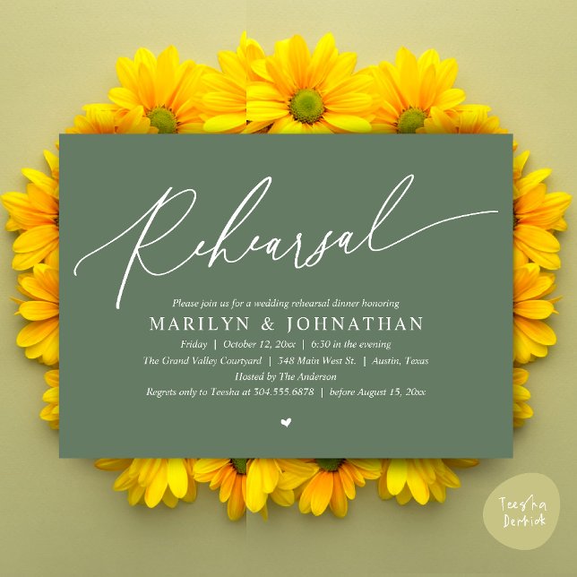 Convite Janto de Ensaio de Casamento Romântico de Eternos  (Modern Romantic Wedding Rehearsal Dinner Dancing Invitation Card PDF Aesthetic Sage Green)