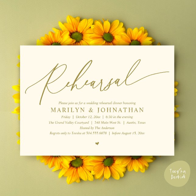 Convite Janto de Ensaio de Casamento Romântico de Eternos  (Modern Romantic Wedding Rehearsal Dinner Dancing Invitation Card PDF Aesthetic Yellow Gold)