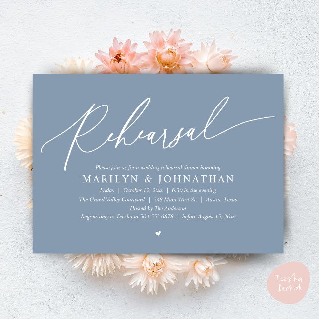Convite Janto de Ensaio de Casamento Romântico de Eternos  (Modern Romantic Wedding Rehearsal Dinner Dancing Invitation Card PDF Aesthetic Dusty Blue)