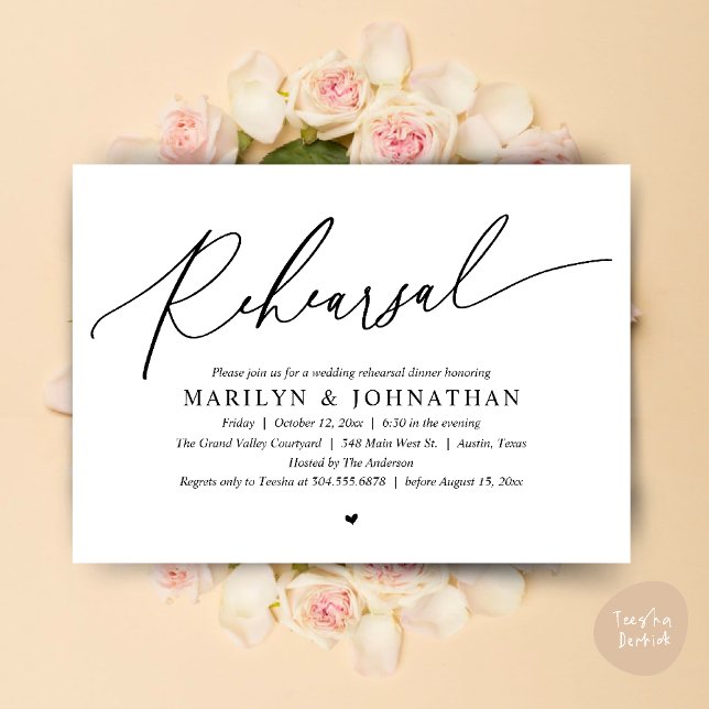 Convite Janto de Ensaio de Casamento Romântico de Eternos  (Modern Romantic Wedding Rehearsal Dinner Dancing Invitation Card PDF White Black)