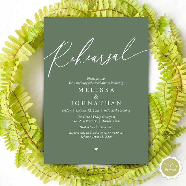 Convite Janto de ensaio de casamento romântico moderno (Modern Romantic Wedding Rehearsal Dinner Dancing Invitation Card PDF Aesthetic Sage Green)