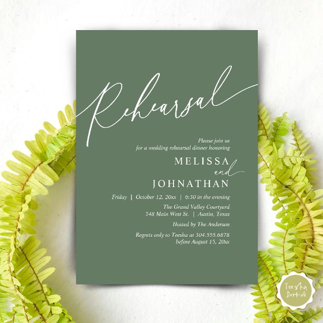 Convite Janto de ensaio de casamento romântico moderno (Modern Romantic Wedding Rehearsal Dinner Dancing Invitation Card PDF Aesthetic Sage Green)