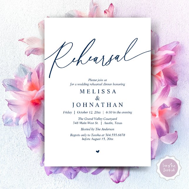 Convite Janto de ensaio de casamento romântico moderno (Modern Romantic Wedding Rehearsal Dinner Dancing Invitation Card PDF Navy Blue)