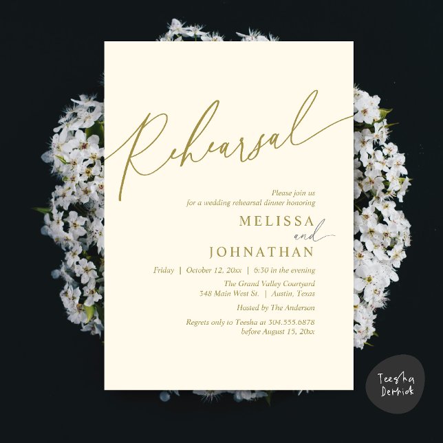 Convite Janto de ensaio de casamento romântico moderno (Modern Romantic Wedding Rehearsal Dinner Dancing Invitation Card PDF Aesthetic Yellow Gold)