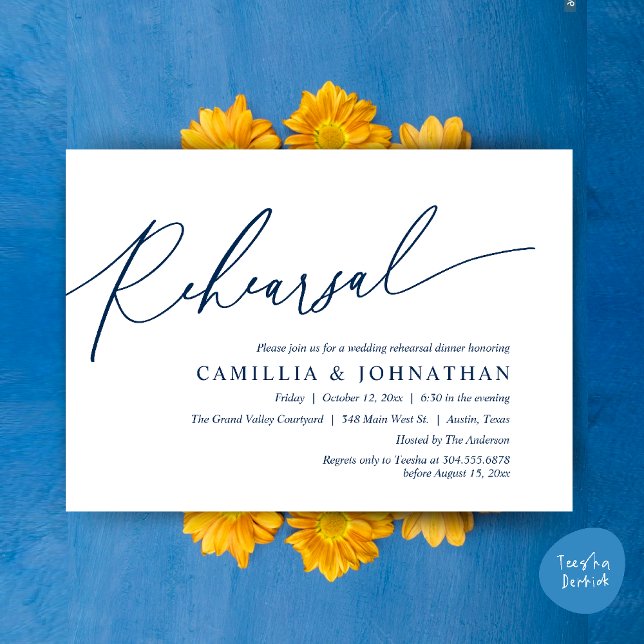 Convite Janto de ensaio de casamento romântico moderno (Modern Romantic Wedding Rehearsal Dinner Dancing Invitation Card PDF Navy Blue)