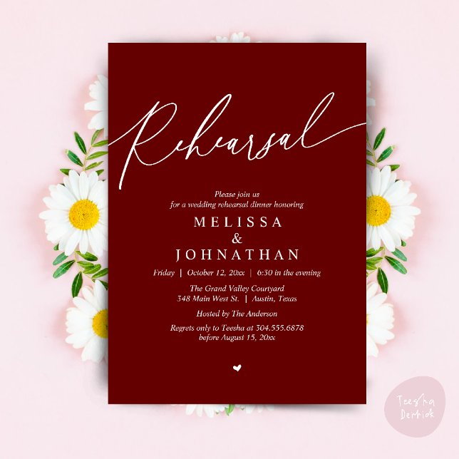Convite Janto de ensaio de casamento romântico moderno (Modern Romantic Wedding Rehearsal Dinner Dancing Invitation Card PDF Aesthetic Burgundy wine red)