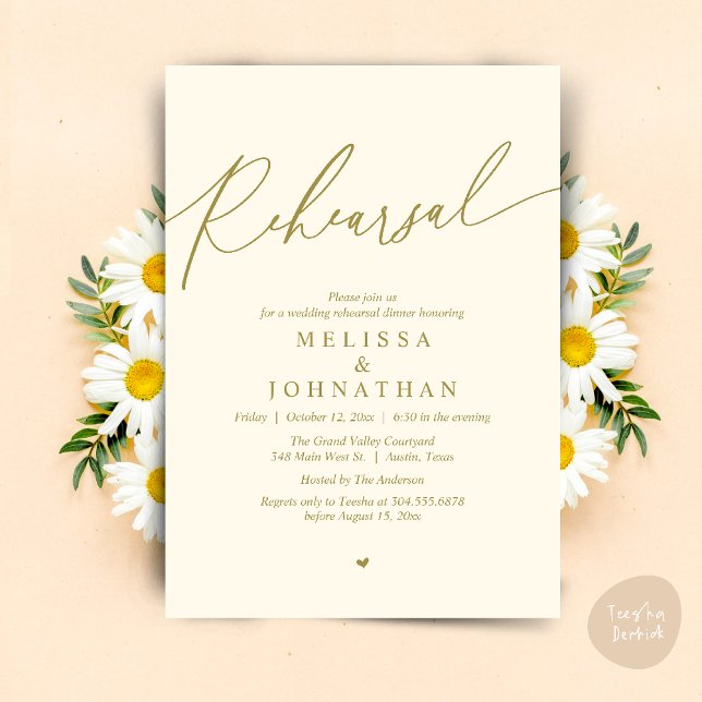 Convite Janto de ensaio de casamento romântico moderno (Modern Romantic Wedding Rehearsal Dinner Dancing Invitation Card PDF Aesthetic Yellow Gold)
