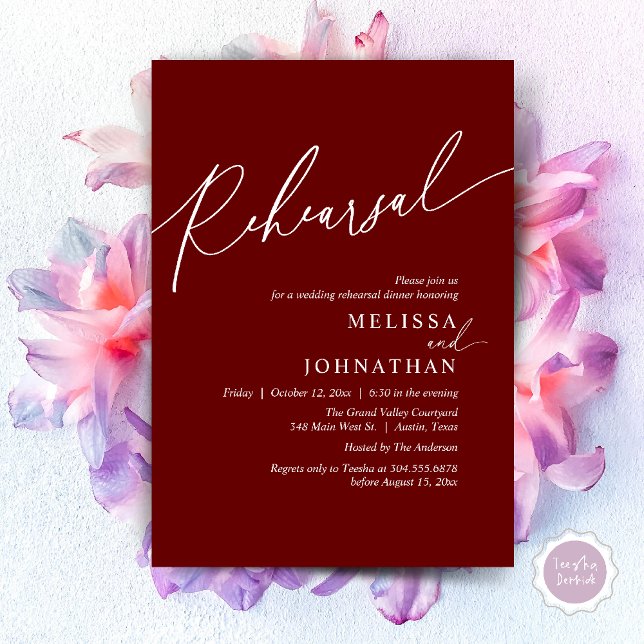 Convite Janto de ensaio de casamento romântico moderno (Modern Romantic Wedding Rehearsal Dinner Dancing Invitation Card PDF Aesthetic Burgundy wine red)