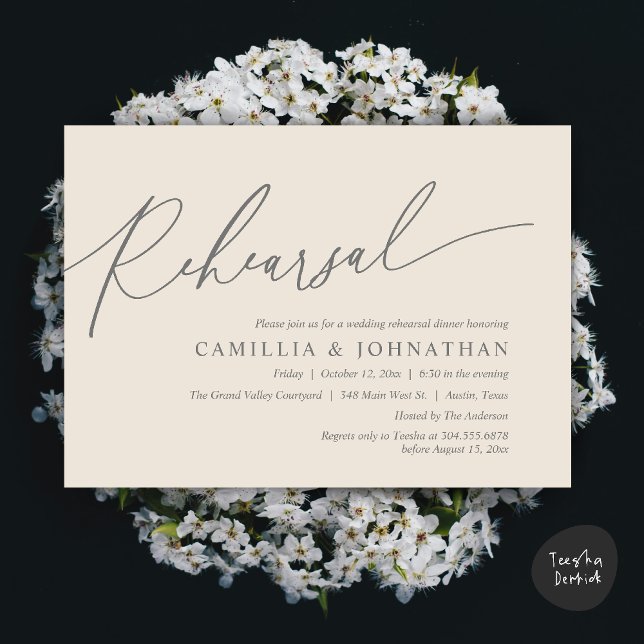 Convite Janto de ensaio de casamento romântico moderno (Modern Romantic Wedding Rehearsal Dinner Dancing Invitation Card PDF Aesthetic Cream Grey)