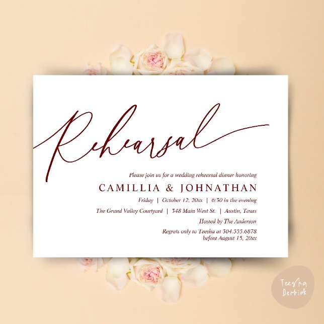 Convite Janto de ensaio de casamento romântico moderno (Modern Romantic Wedding Rehearsal Dinner Dancing Invitation Card PDF Aesthetic Burgundy wine red)