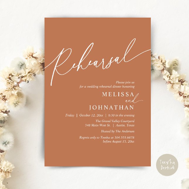 Convite Janto de ensaio de casamento romântico moderno (Modern Romantic Wedding Rehearsal Dinner Dancing Invitation Card PDF Aesthetic Copper Brown )