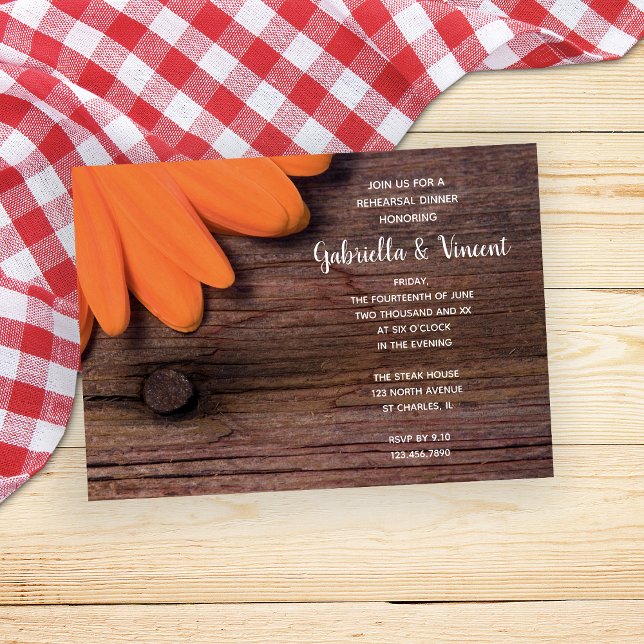 Convite Janto de Ensaio de Casamento Rustic Orange Daisy B (Criador carregado)