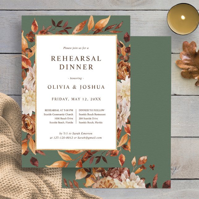 Convite Janto de ensaio de casamento verde (Elegant Fall Sage Green Floral Wedding Rehearsal Dinner Invitation by Painted Paperie
)