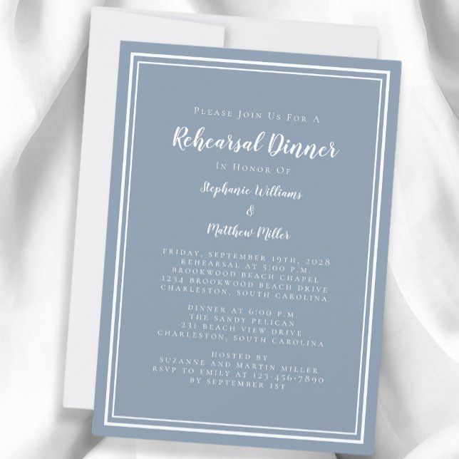 Convite Janto de ensaio de casamentos azuis de Dusty minim (Minimalist Dusty Blue Wedding Rehearsal Dinner Invitation)