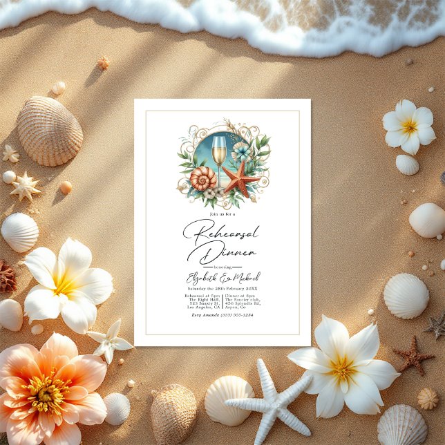 Convite Janto de Ensaio de Célula Costeira (Coastal Chic Seashell Rehearsal Dinner Invitation)