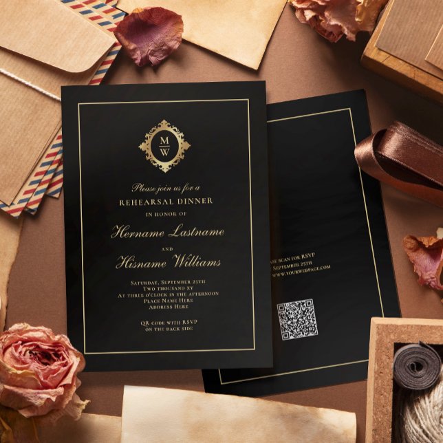 Convite Janto de ensaio de código QR RSVP Dourado Monogram (Criador carregado)