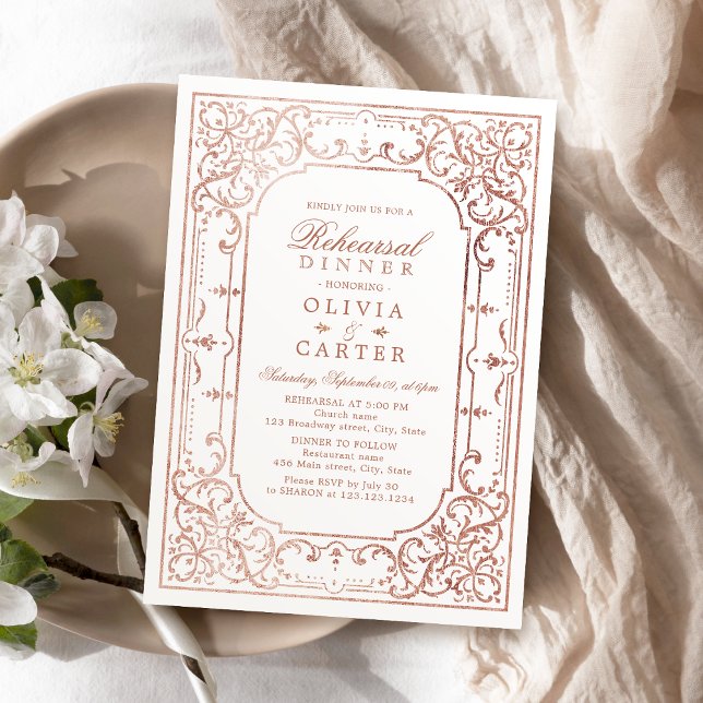 Convite janto de ensaio de colheita do ornamentado elegant (Rose gold elegant ornate vintage rehearsal dinner invitation)