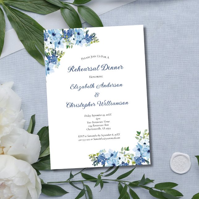 Convite Janto de ensaio de cor verde-aquática azul (Blue Watercolor Floral with Greenery Wedding Rehearsal dinner invitation)