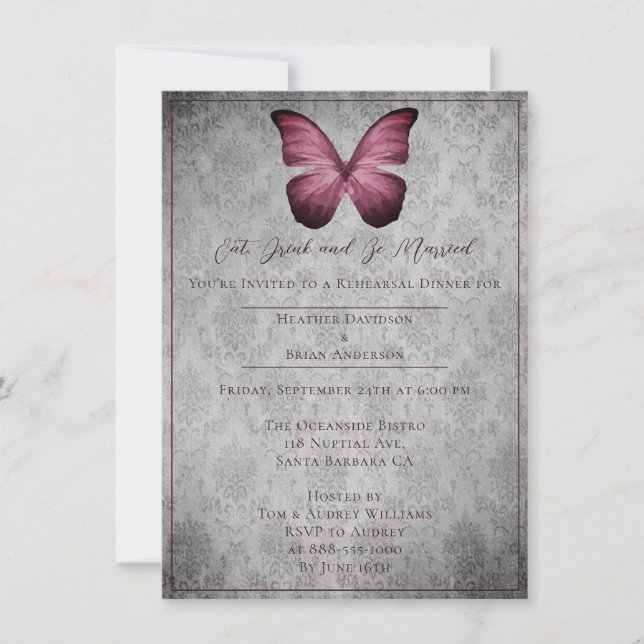 Convite Janto de Ensaio de Damasco com Borboleta Magenta V (Frente)